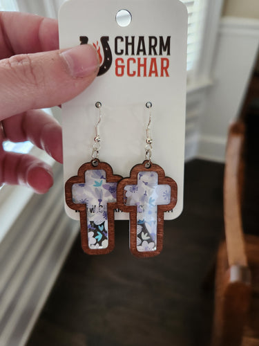 Floral Cross Earrings – Wood & Acrylic Faith Jewelry